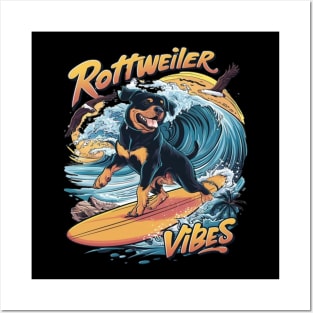 Paws and Waves Rottweiler Surfing Adventure Posters and Art